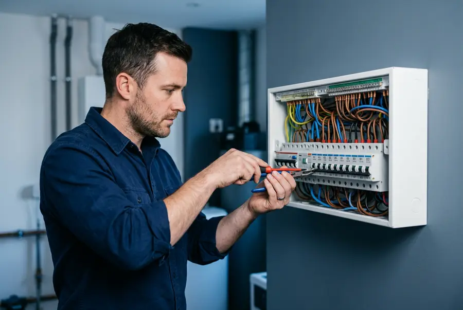 An ECS electrician installing a modern consumer unit